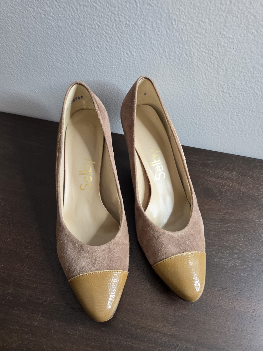 Selby Brown Suede Pumps with Tan Patent Cap Toe